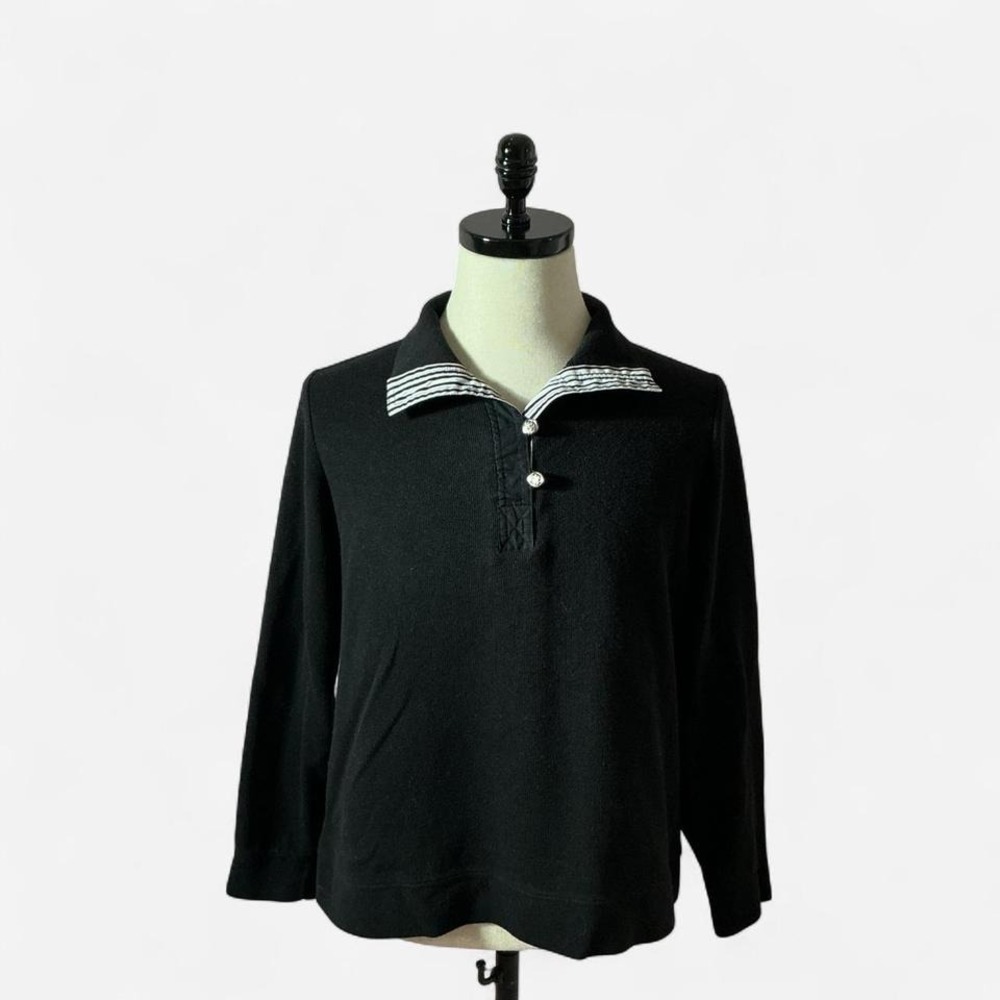 Karen Scott Sport Womens Black Long Sleeve Dark Academia Striped Collar Size L